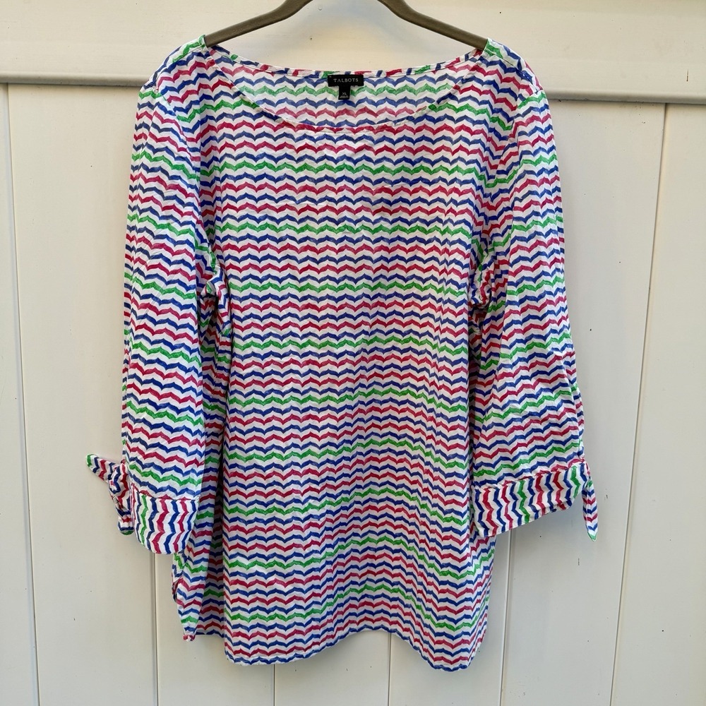 Talbots Tunic Top Blouse XL Striped 3/4 Sleeve Cotton Boat Neck Lightweight Cute